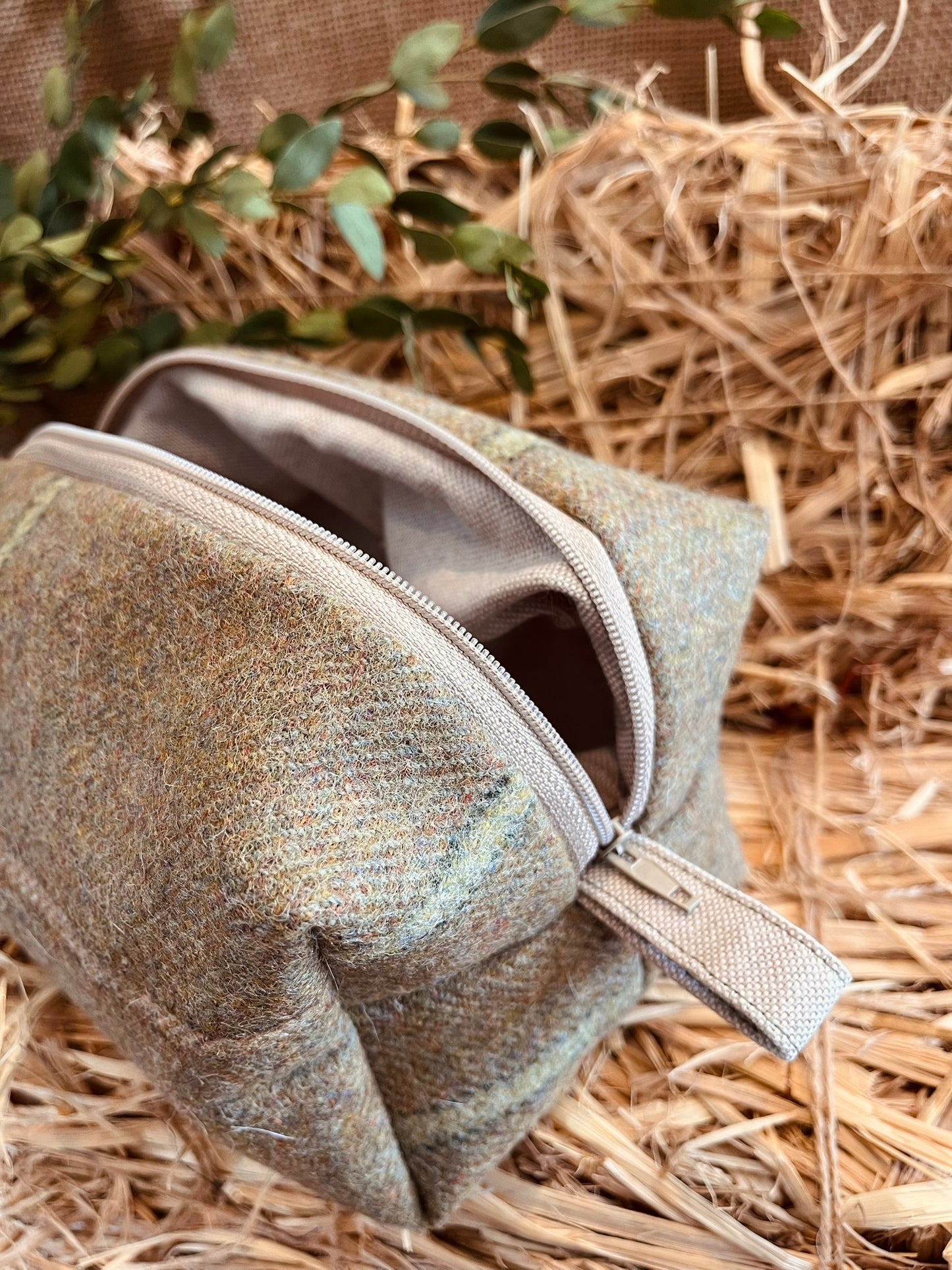 Green Tweed Makeup Bag