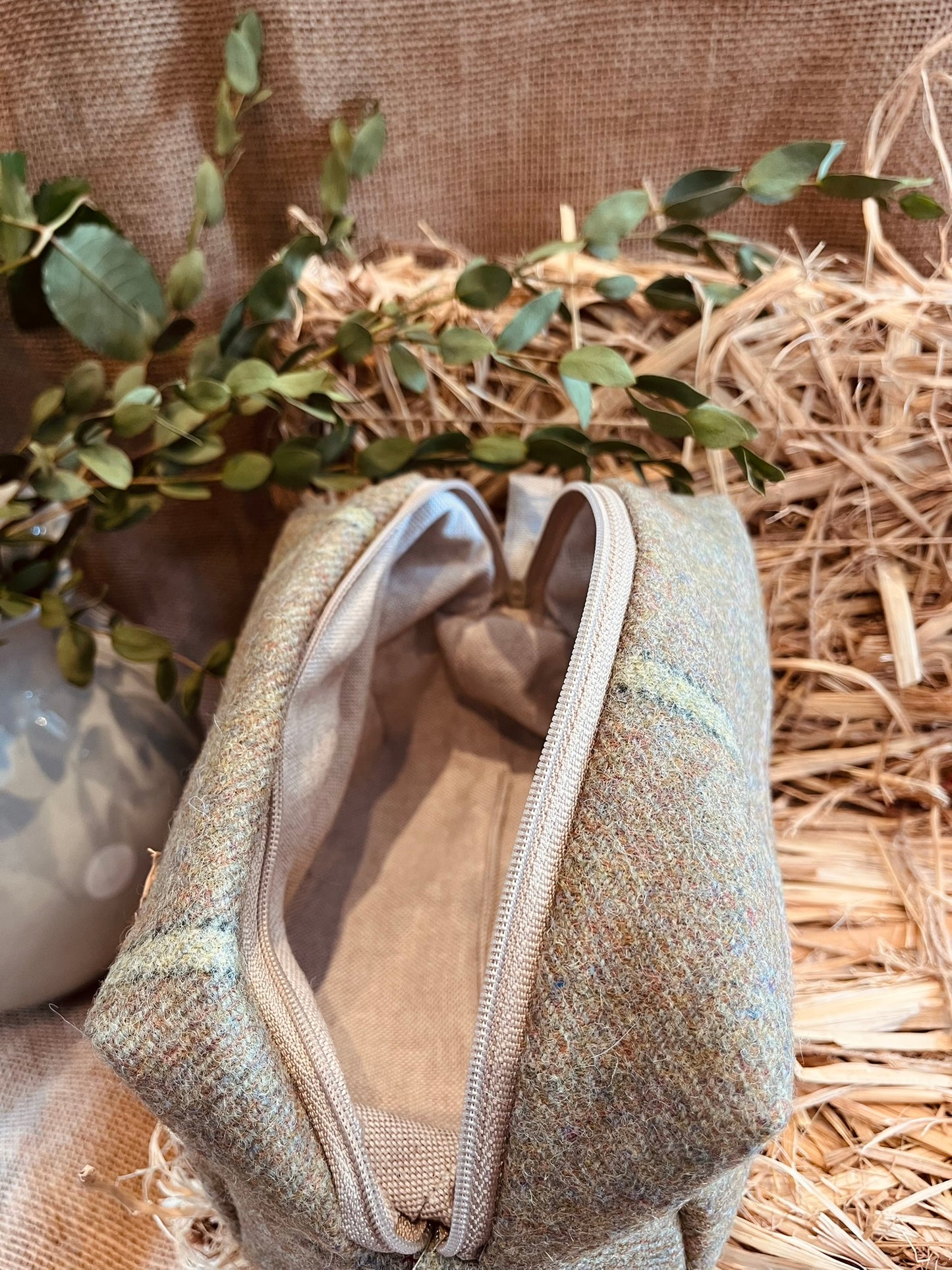 Green Tweed Makeup Bag
